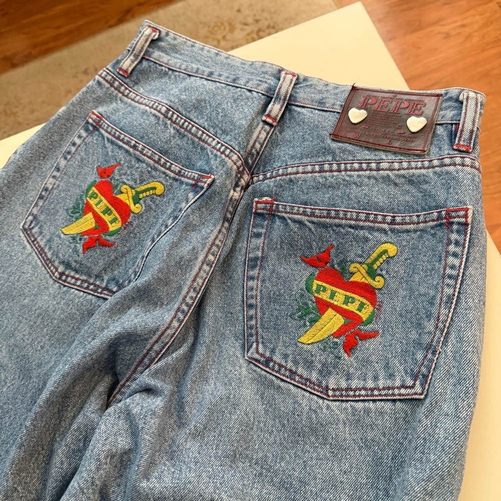 Vintage Rare Pepe Jeans Tattoo Red Heart Dagger Embroidered Y2K 90s High Waisted - Picture 2 of 7